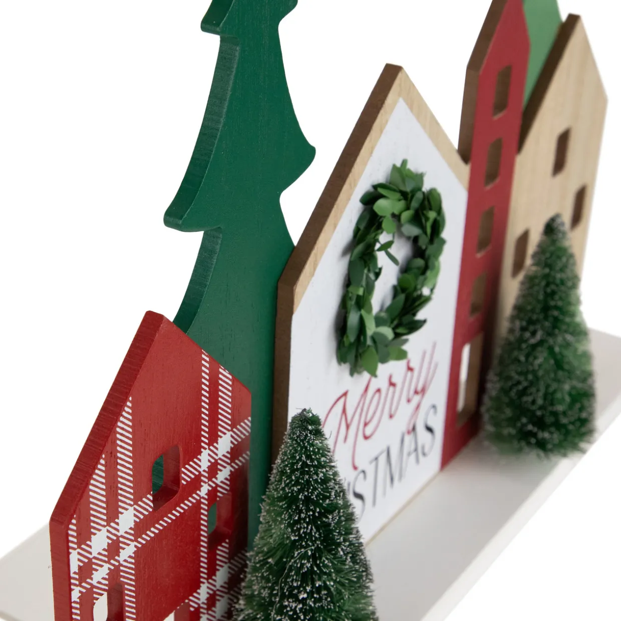 Wooden "Merry Christmas" Houses with Trees Decoration - 15" - Red and Green