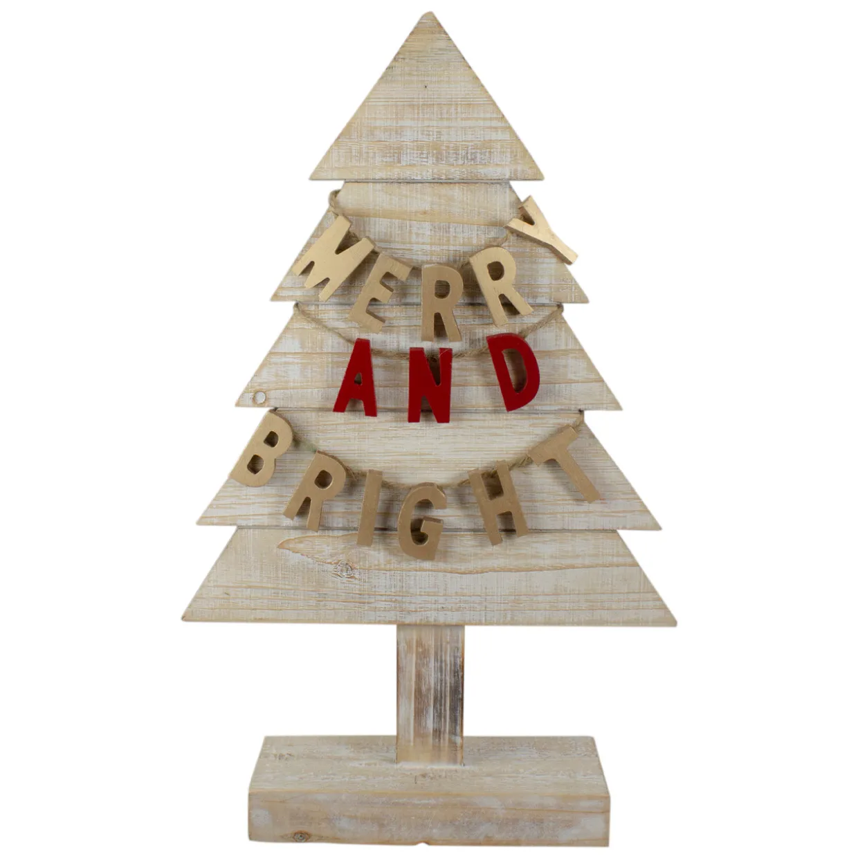 Wooden Tree "Merry and Bright" Christmas Decoration - 23" - Gold and Red