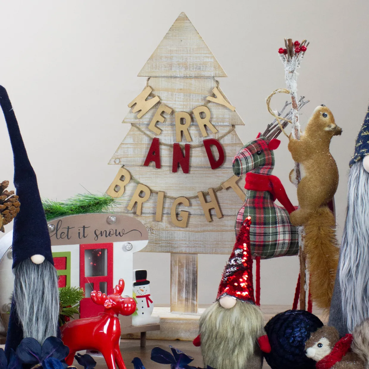 Wooden Tree "Merry and Bright" Christmas Decoration - 23" - Gold and Red