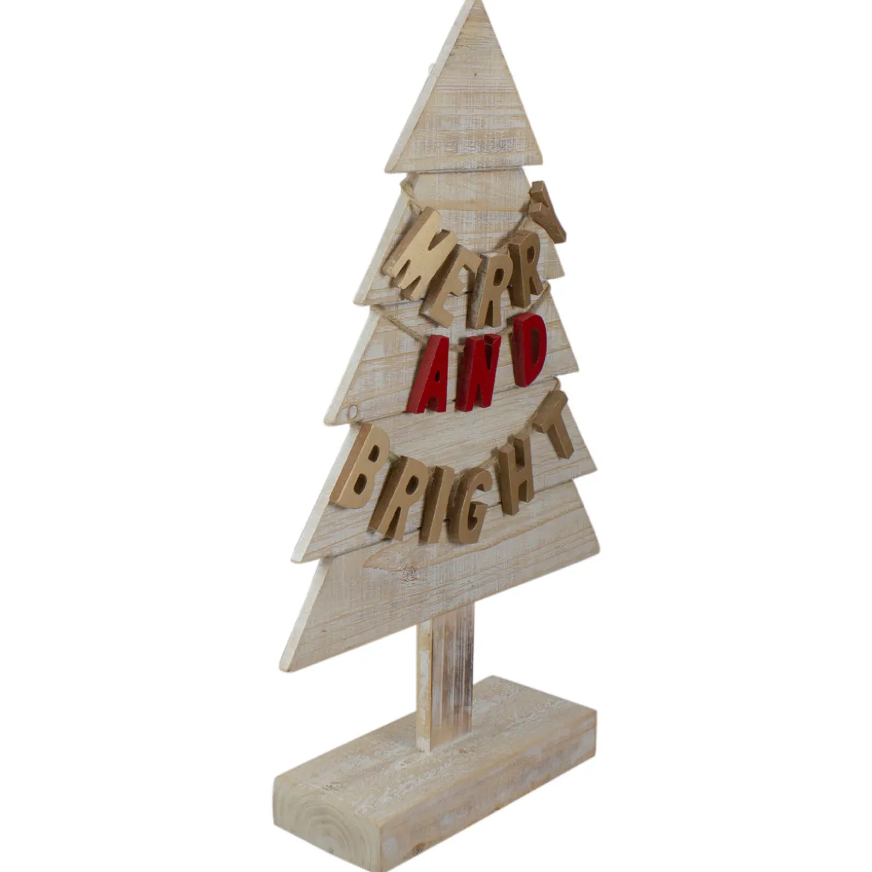 Wooden Tree "Merry and Bright" Christmas Decoration - 23" - Gold and Red