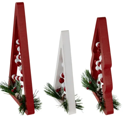 Wooden Trees with Beads Christmas Decorations - 11.75" - Red and White - Set of 3