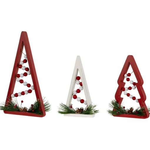 Wooden Trees with Beads Christmas Decorations - 11.75" - Red and White - Set of 3