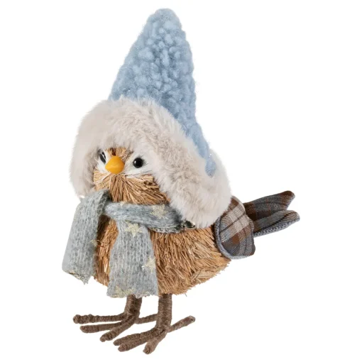Woodland Standing Bird with Plush Winter Hat Christmas Figure - 7.5"