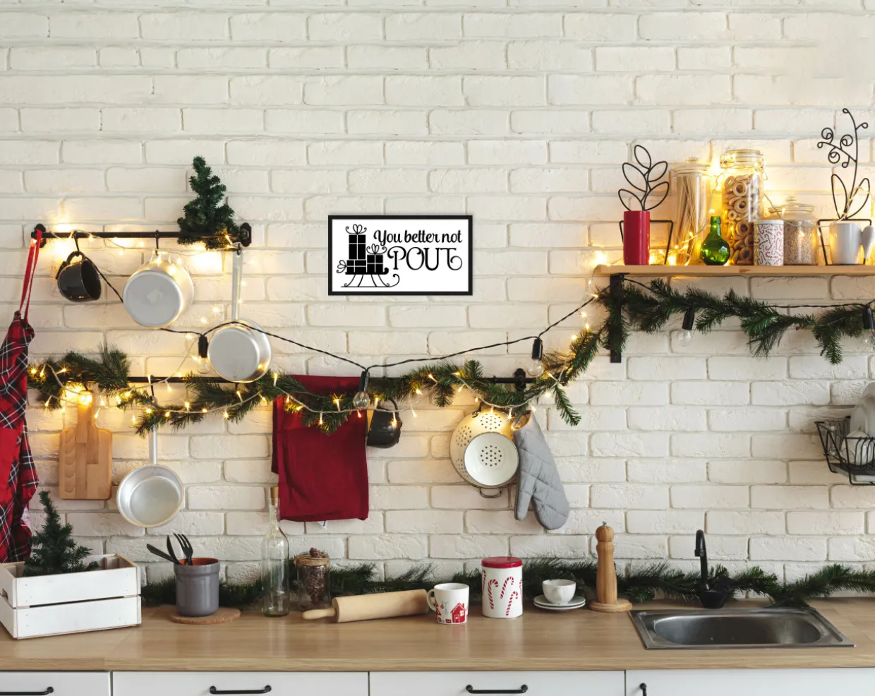 You Better Not Pout 7.5" x 13.5" Framed Christmas Wall Decor Art Print Sign Poster in a Black Wooden Frame with UV Acrylic and Hangers